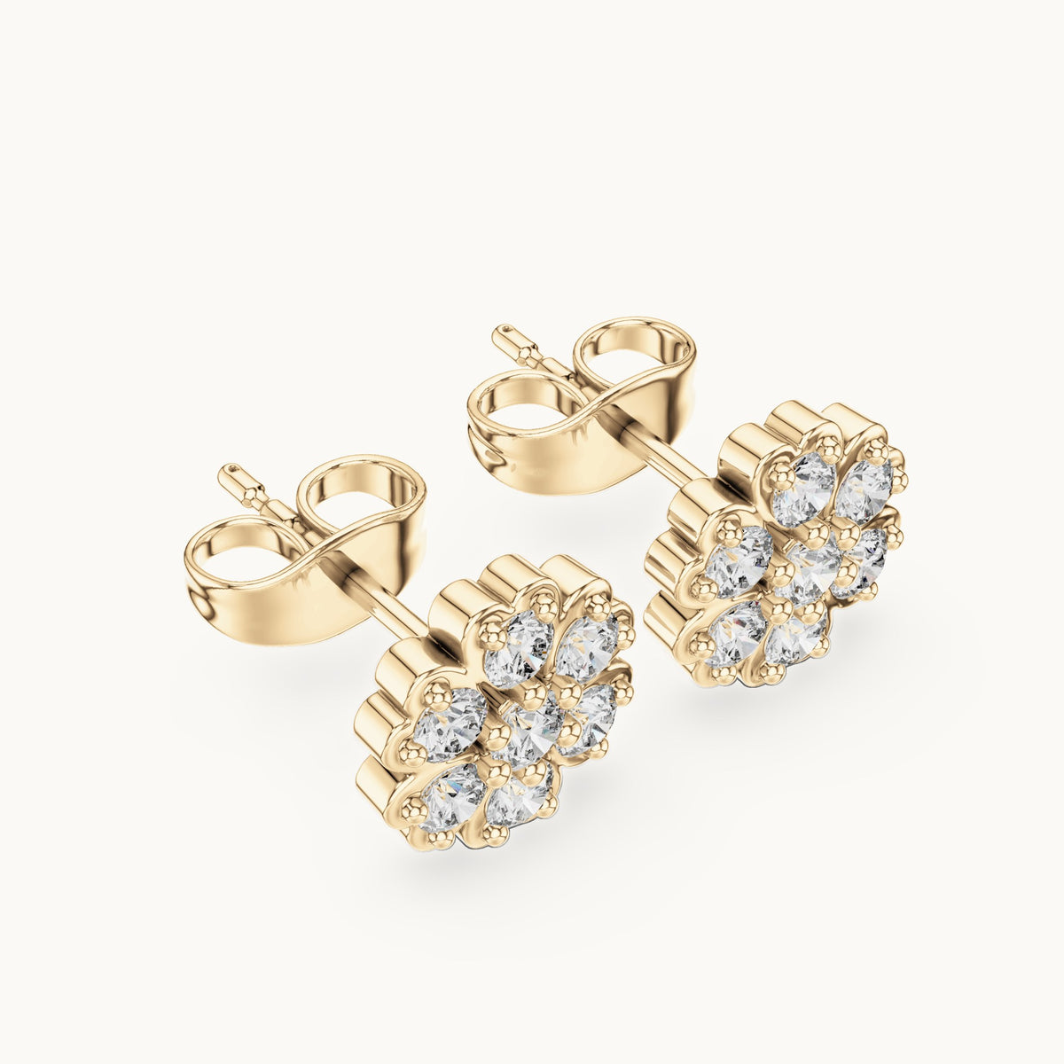Round lab-grown diamond flower cluster stud earrings in yellow gold, 0.51 CT TW, view 2