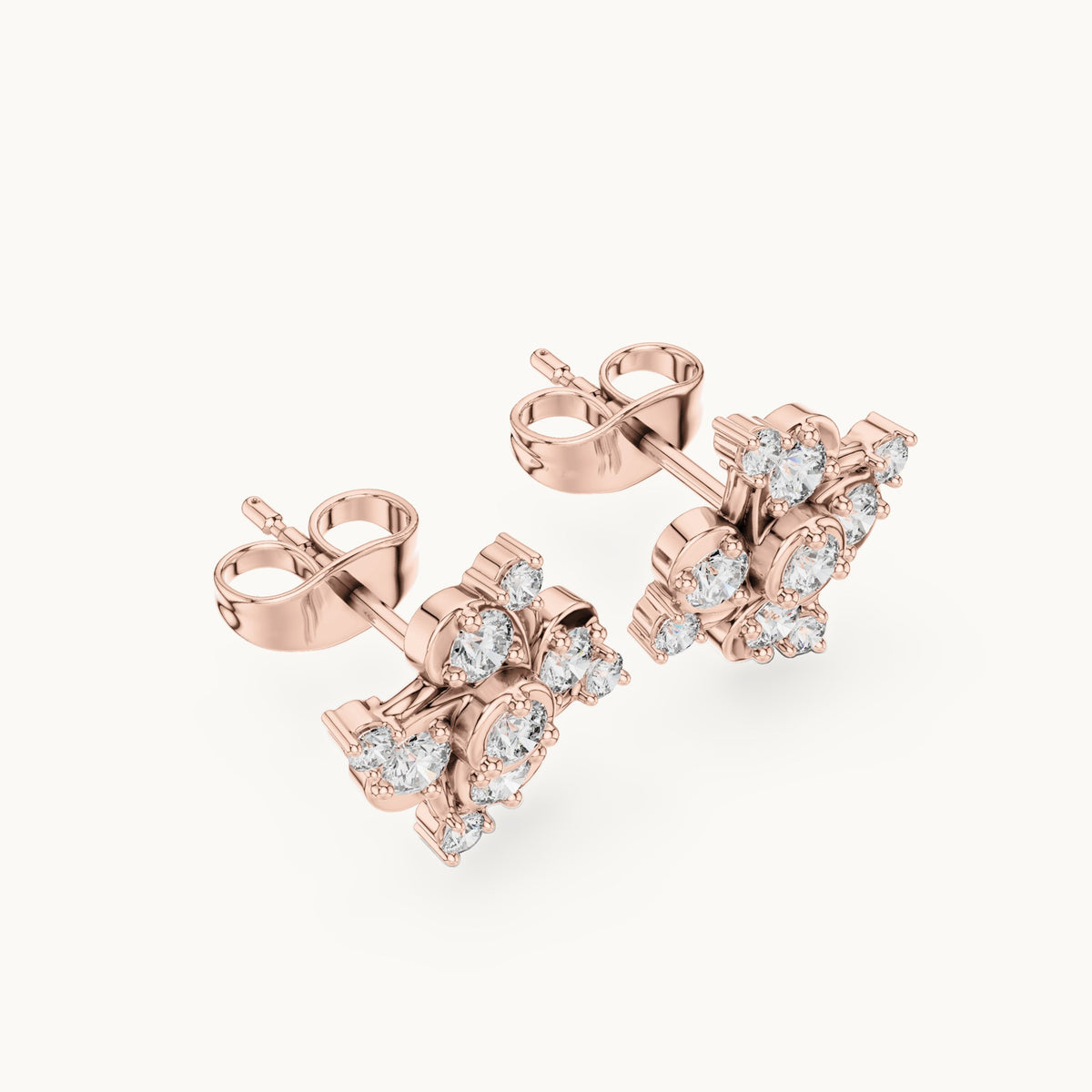 Round lab-grown diamond pinwheel cluster stud earrings in rose gold, 0.556 CT TW, view 2