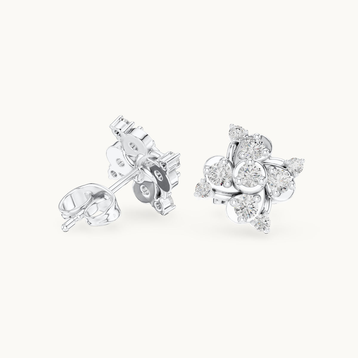Round lab-grown diamond pinwheel cluster stud earrings in white gold, 0.556 CT TW, view 1