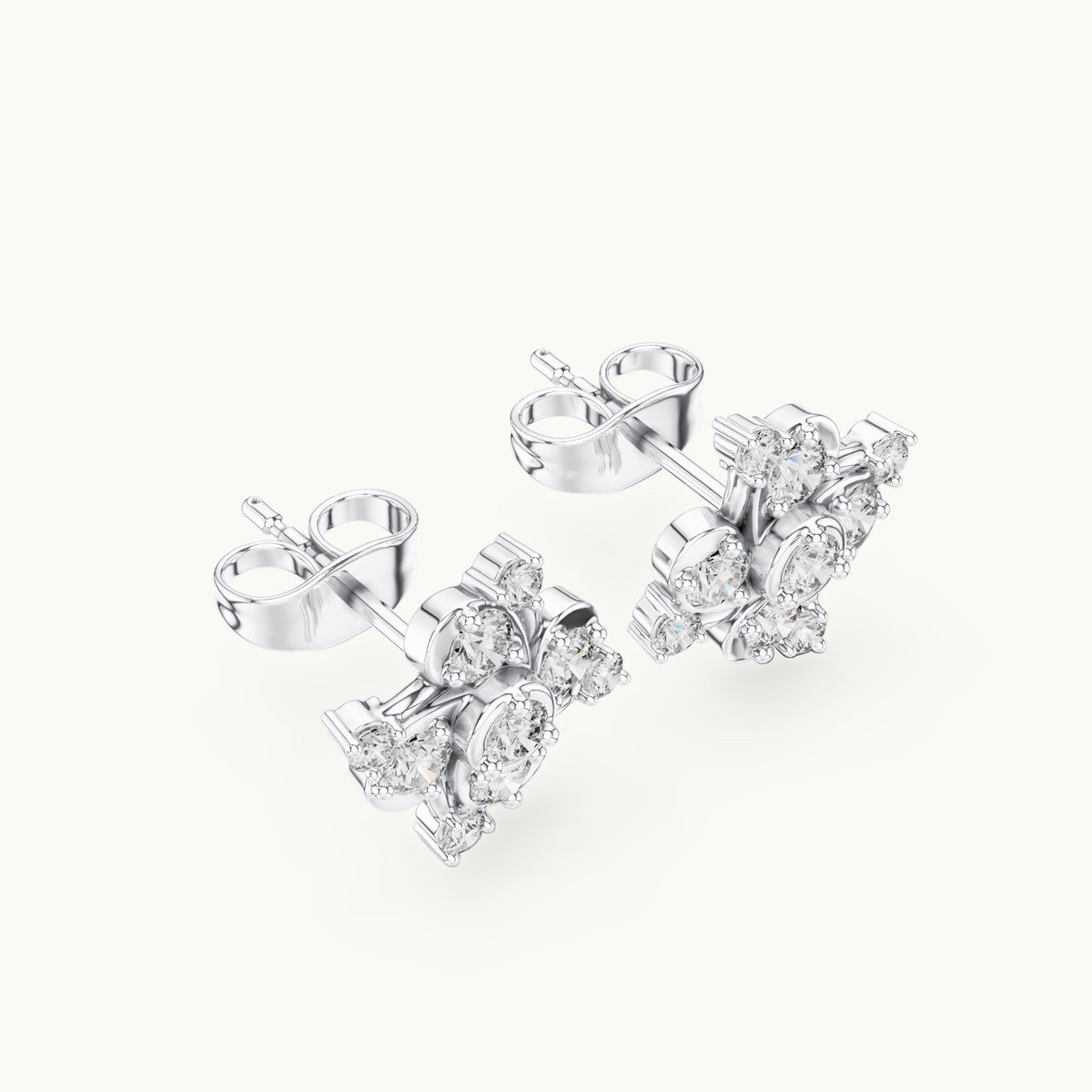Round lab-grown diamond pinwheel cluster stud earrings in white gold, 0.556 CT TW, view 2