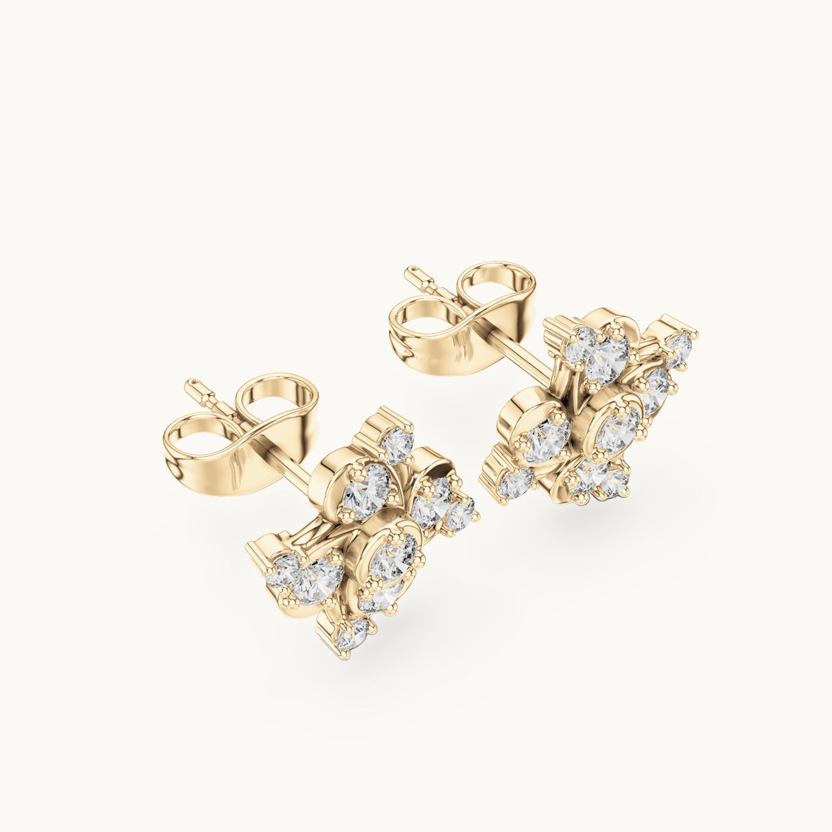 Round lab-grown diamond pinwheel cluster stud earrings in yellow gold, 0.556 CT TW, view 2