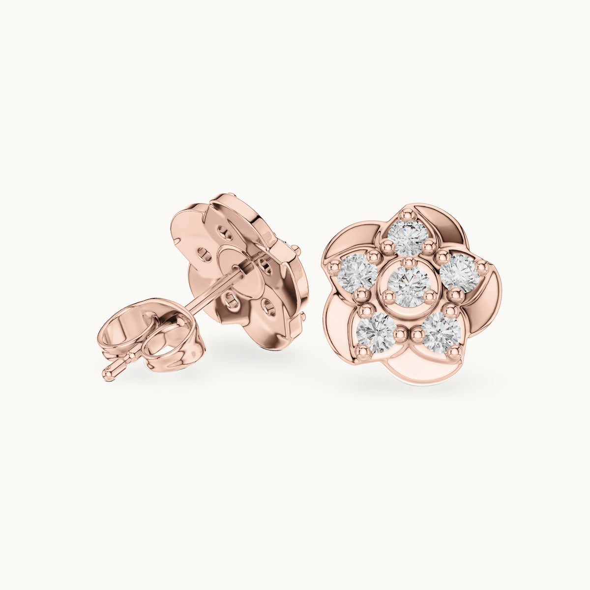 Round lab-grown diamond five-petal flower stud earrings in rose gold, 0.55 CT TW, view 1