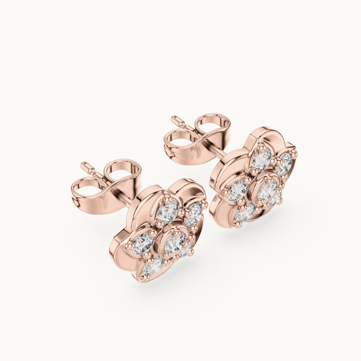 Round lab-grown diamond five-petal flower stud earrings in rose gold, 0.55 CT TW, view 2