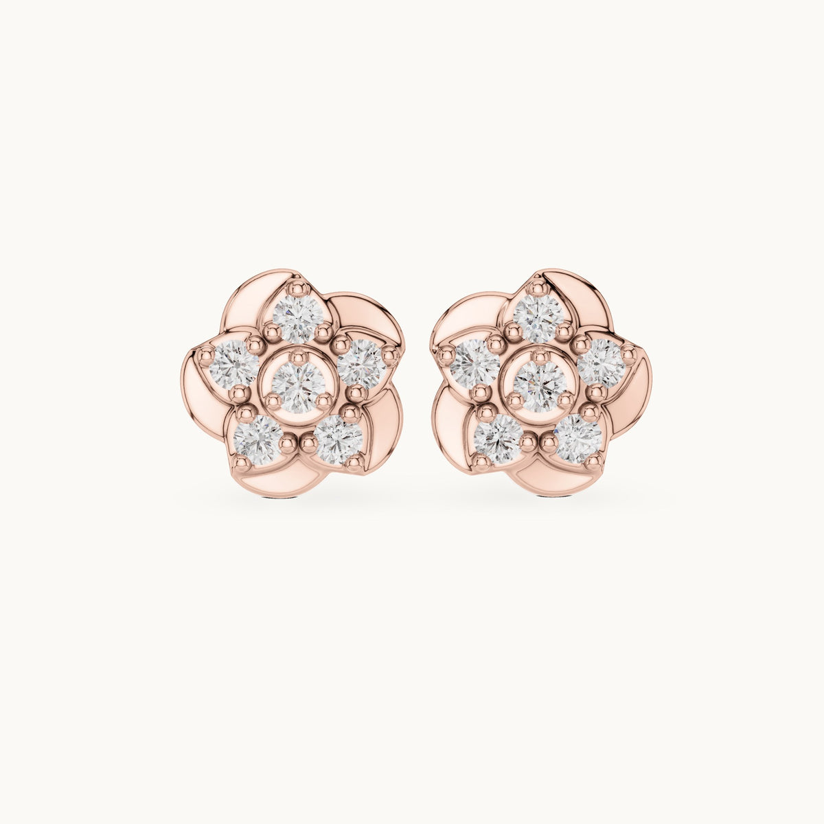 Round lab-grown diamond five-petal flower stud earrings in rose gold, 0.55 CT TW, view 4