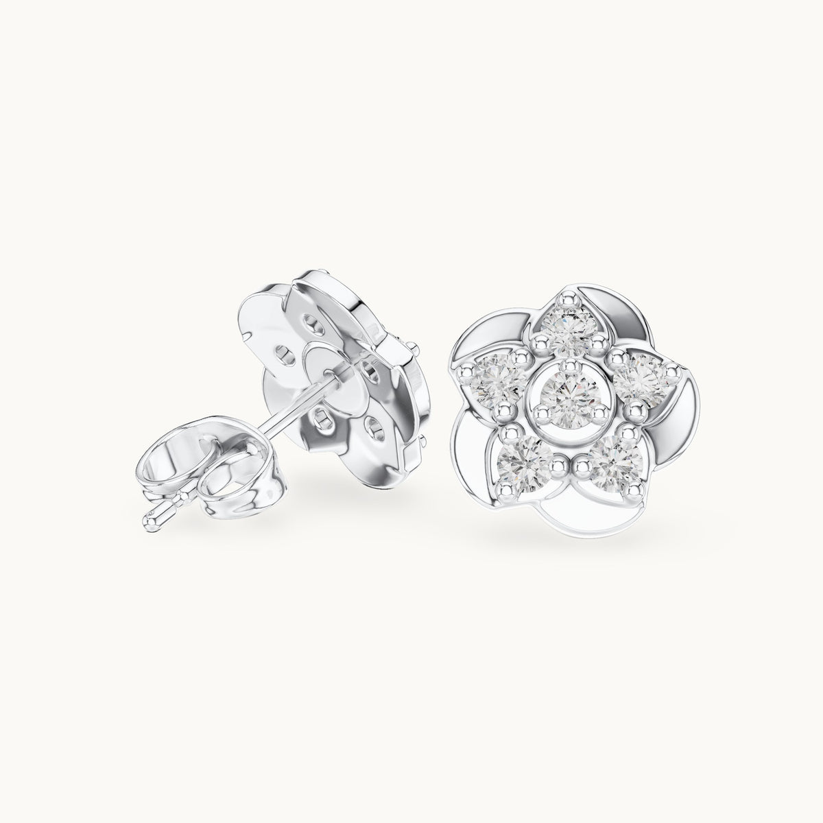Round lab-grown diamond five-petal flower stud earrings in white gold, 0.55 CT TW, view 1