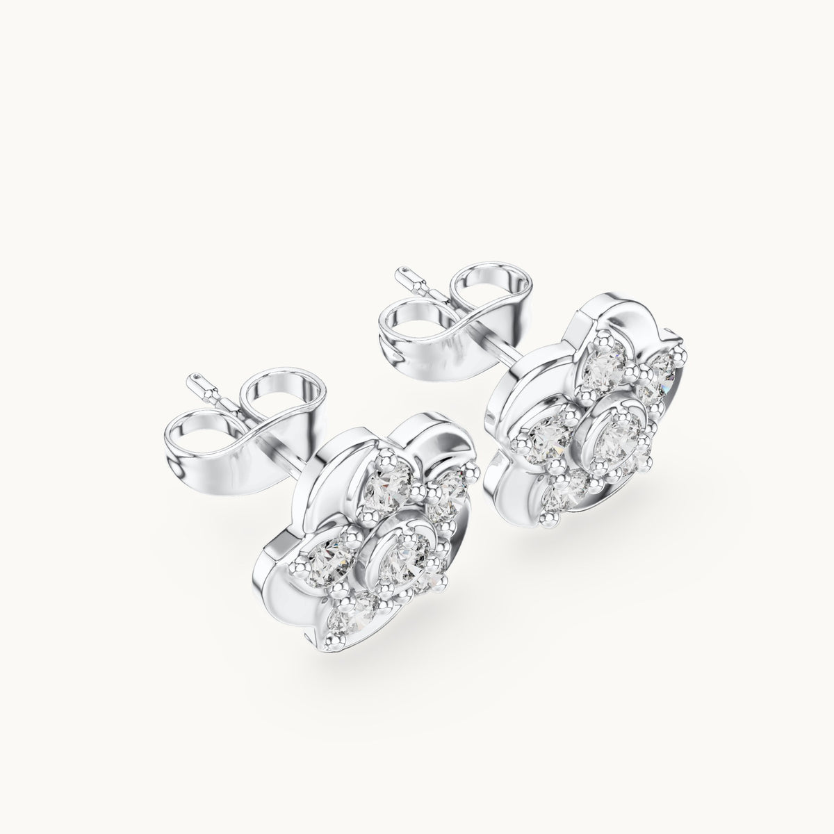 Round lab-grown diamond five-petal flower stud earrings in white gold, 0.55 CT TW, view 2