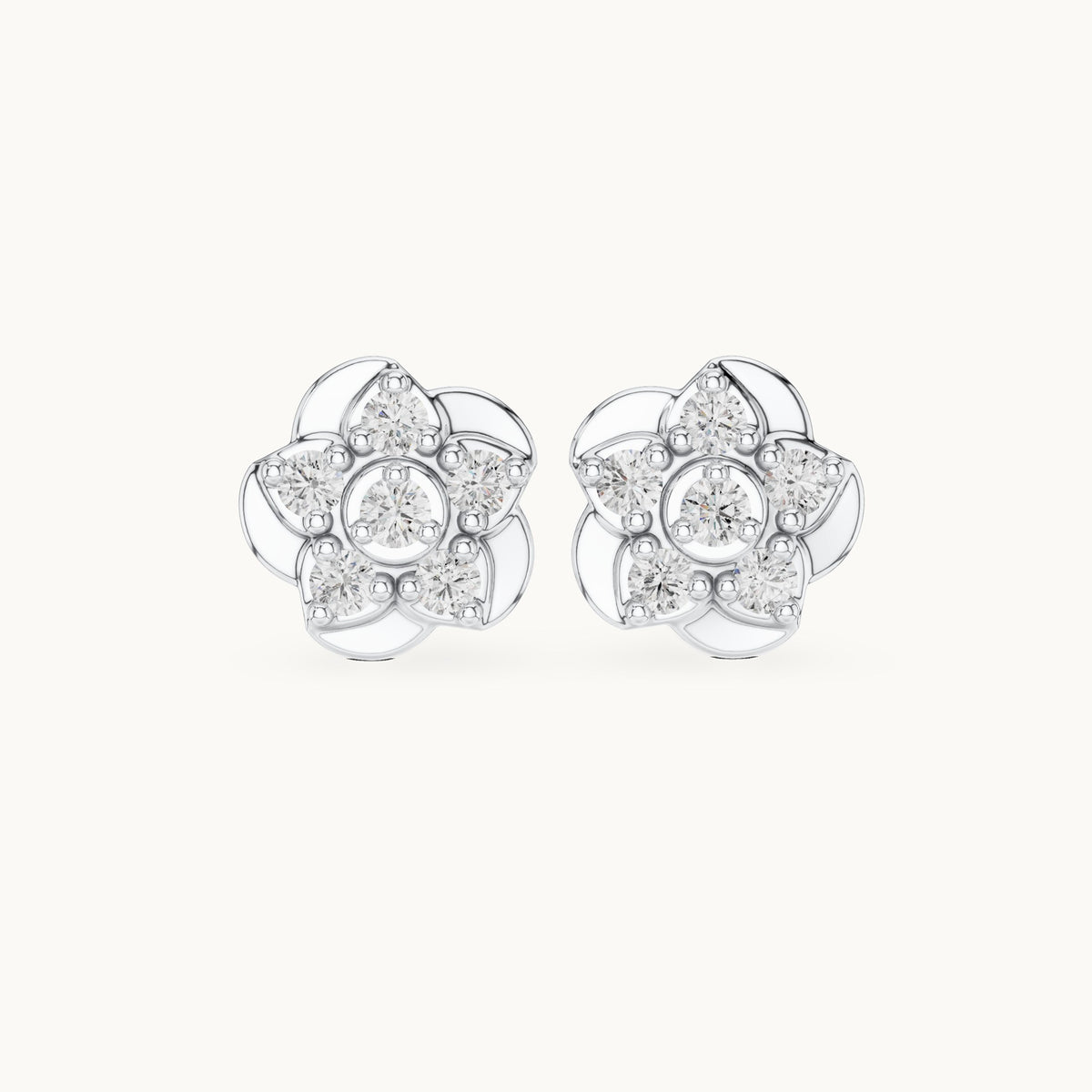 Round lab-grown diamond five-petal flower stud earrings in white gold, 0.55 CT TW, view 4