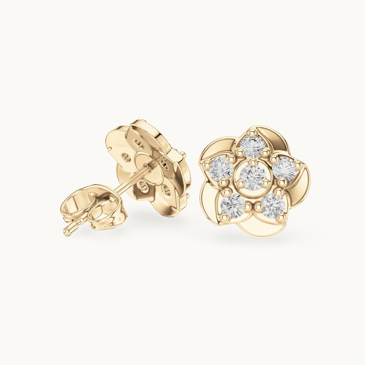 Round lab-grown diamond five-petal flower stud earrings in yellow gold, 0.55 CT TW, view 1