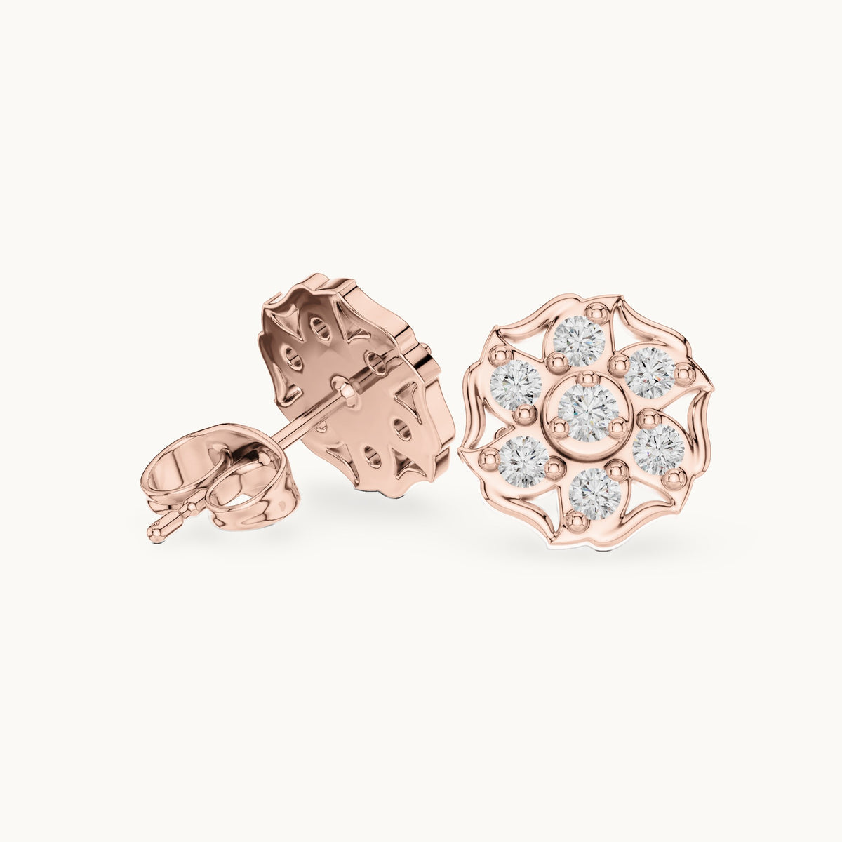 Round lab-grown diamond openwork cluster stud earrings in rose gold, 0.45 CT TW, view 1