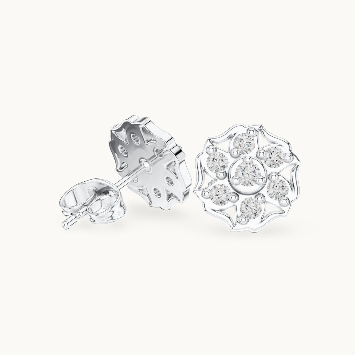 Round lab-grown diamond openwork cluster stud earrings in white gold, 0.45 CT TW, view 1