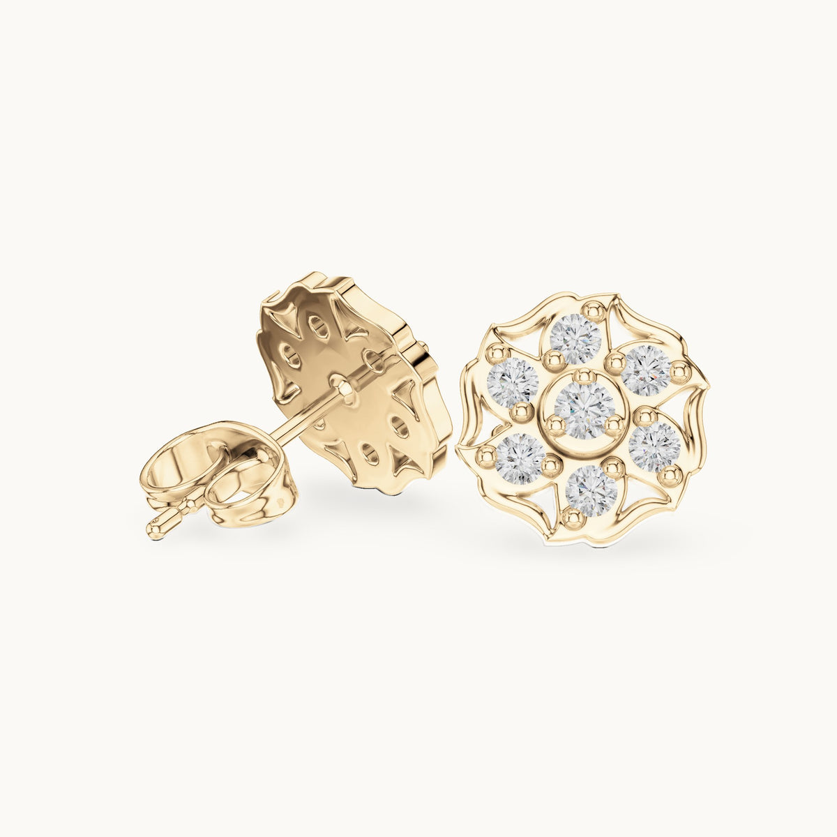 Round lab-grown diamond openwork cluster stud earrings in yellow gold, 0.45 CT TW, view 1