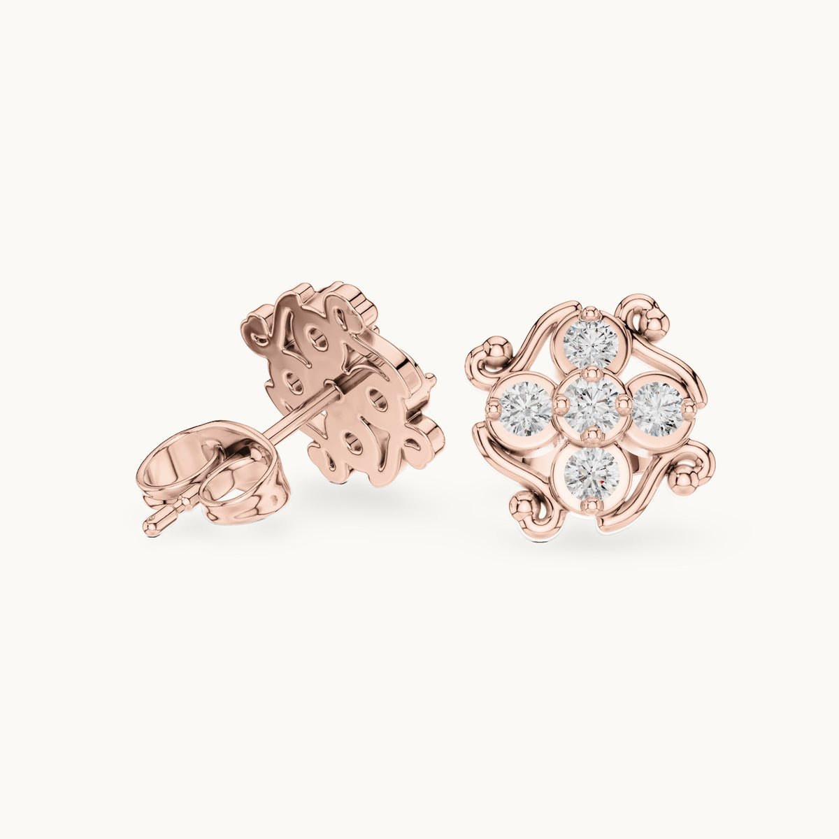 Round lab-grown diamond scroll cluster stud earrings in rose gold, 0.37 CT TW, view 1