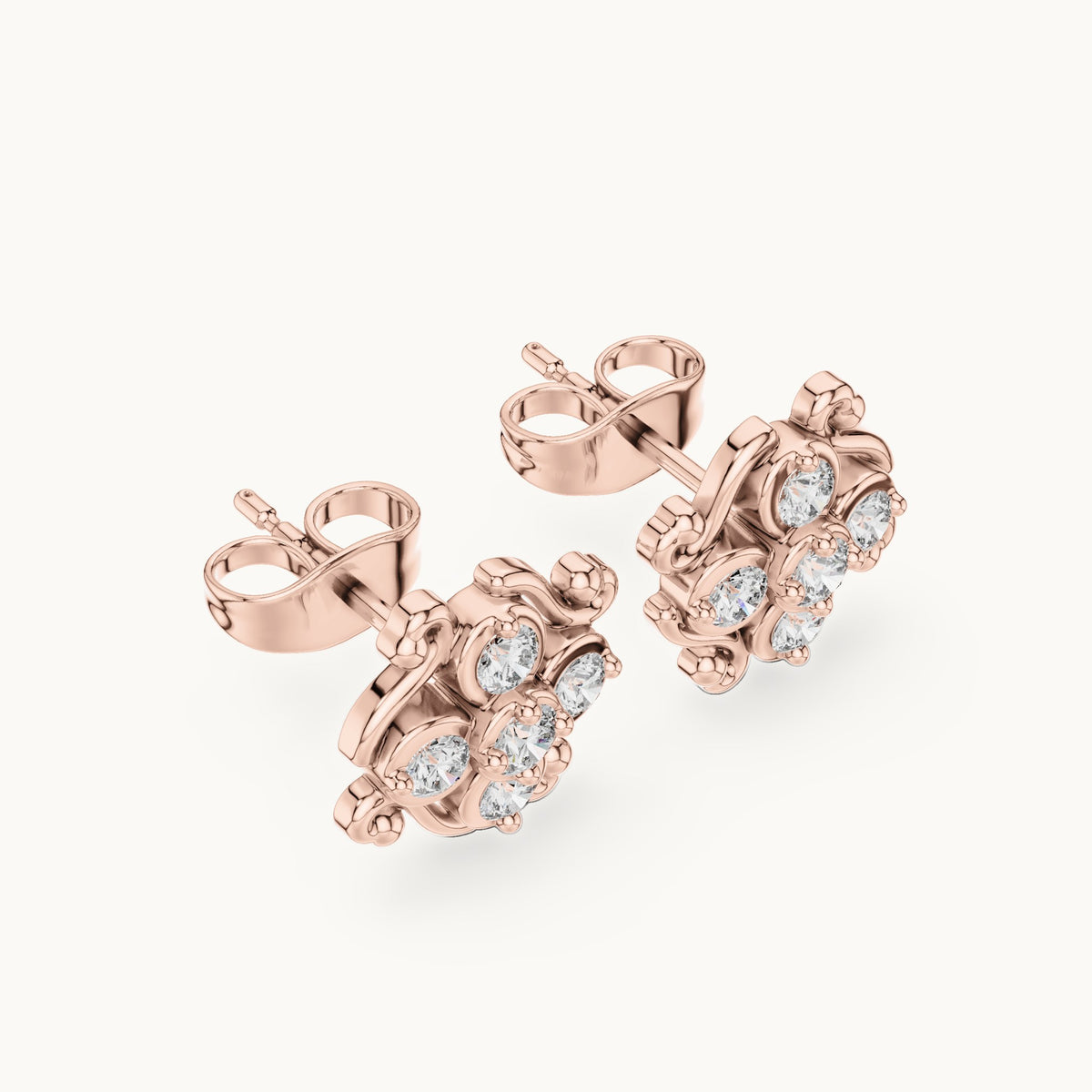Round lab-grown diamond scroll cluster stud earrings in rose gold, 0.37 CT TW, view 2