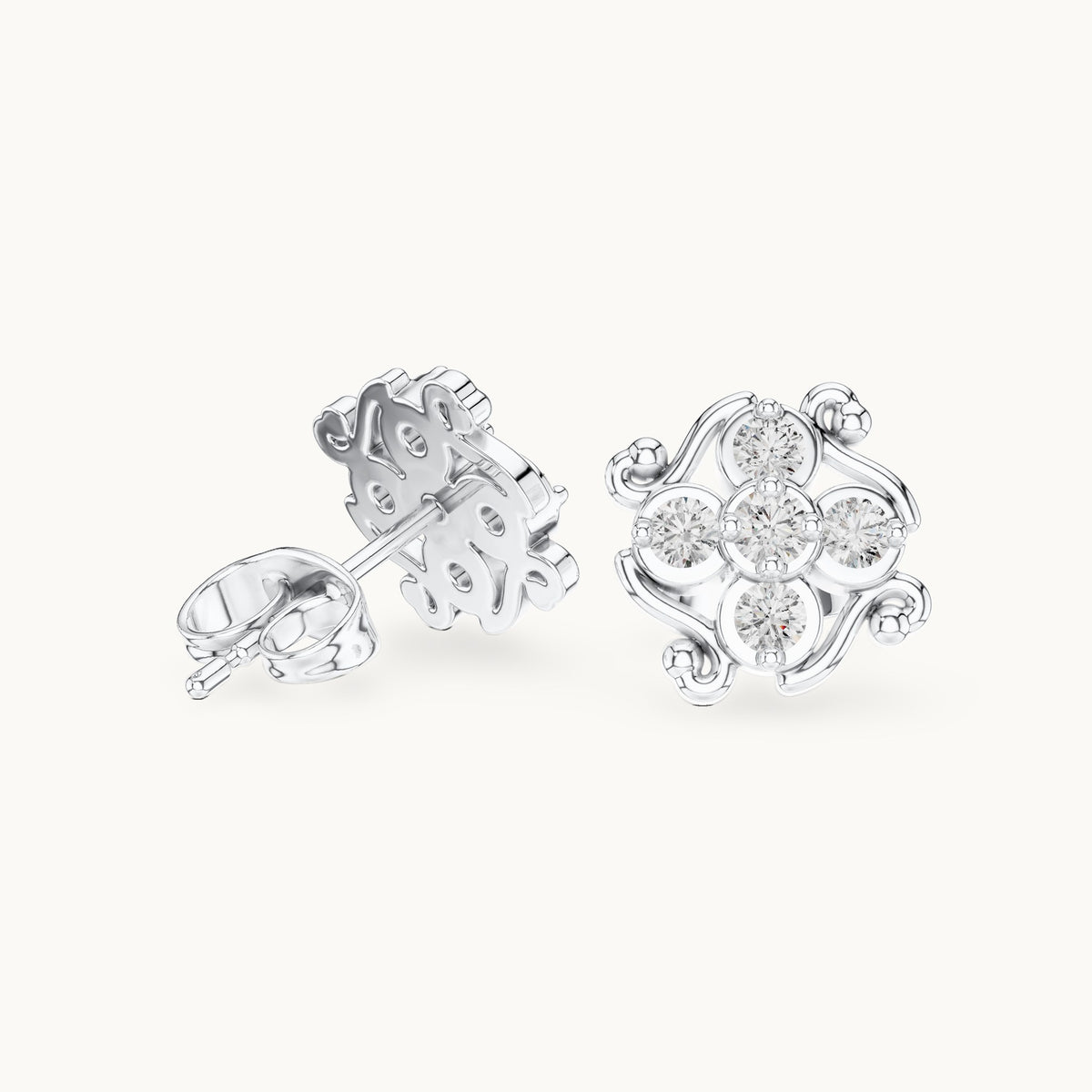 Round lab-grown diamond scroll cluster stud earrings in white gold, 0.37 CT TW, view 1