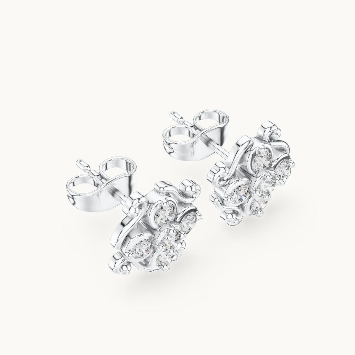 Round lab-grown diamond scroll cluster stud earrings in white gold, 0.37 CT TW, view 2