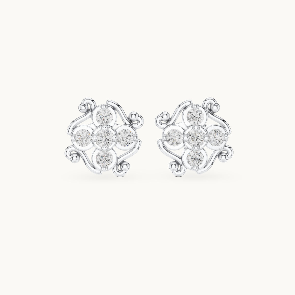 Round lab-grown diamond scroll cluster stud earrings in white gold, 0.37 CT TW, view 4