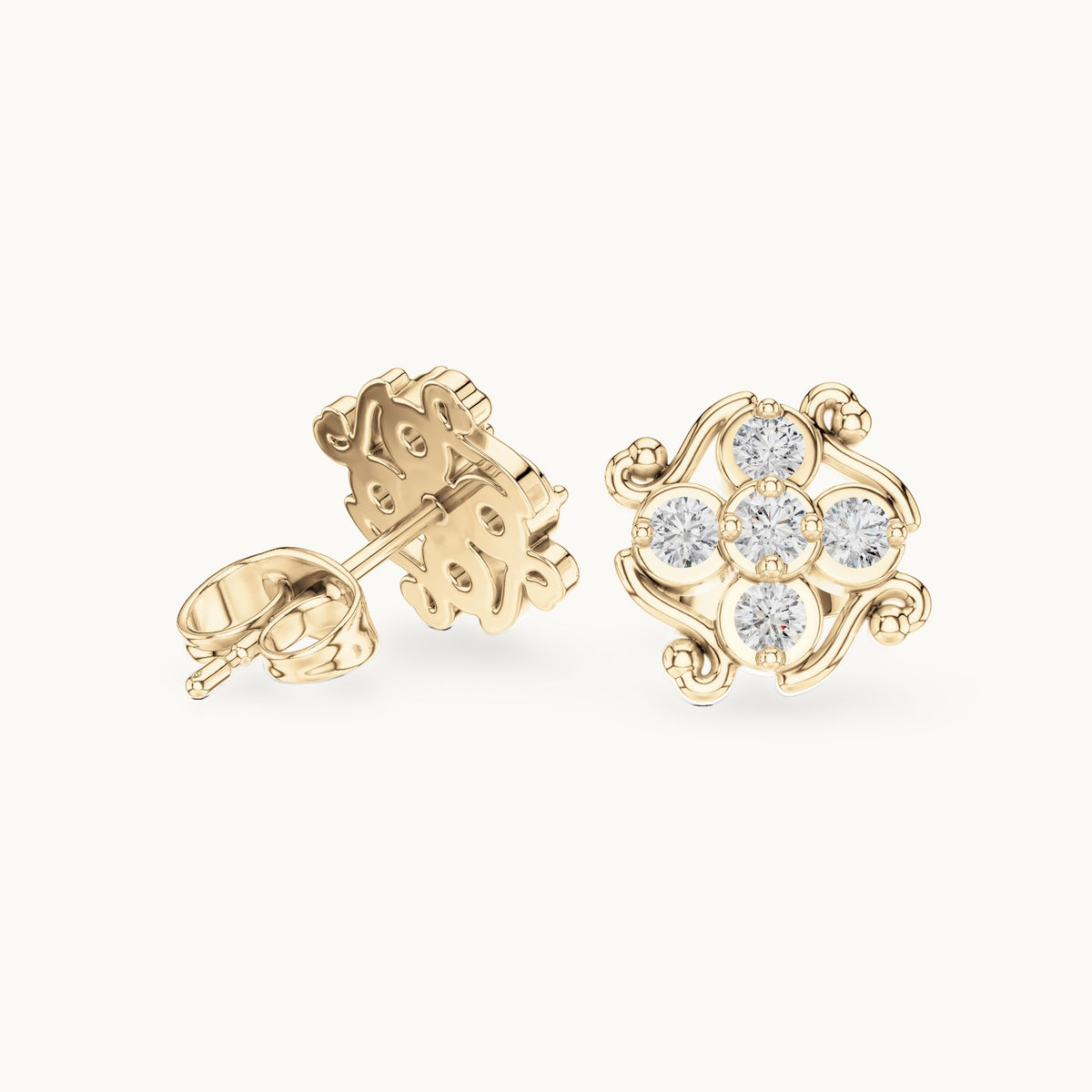 Round lab-grown diamond scroll cluster stud earrings in yellow gold, 0.37 CT TW, view 1