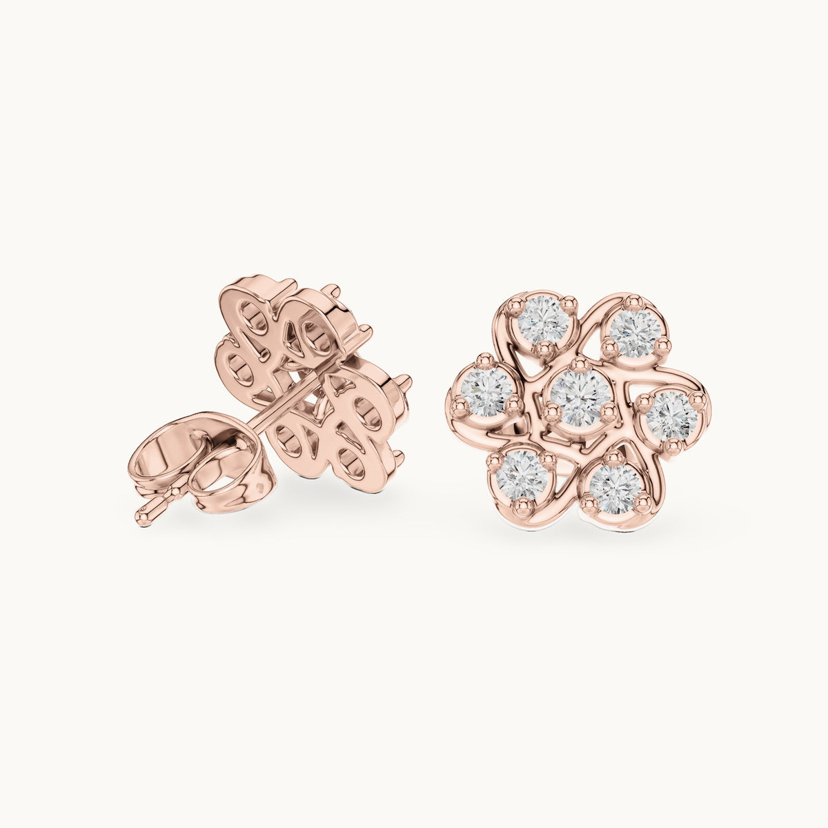 Round lab-grown diamond flower cluster stud earrings in rose gold, 0.45 CT TW, view 1