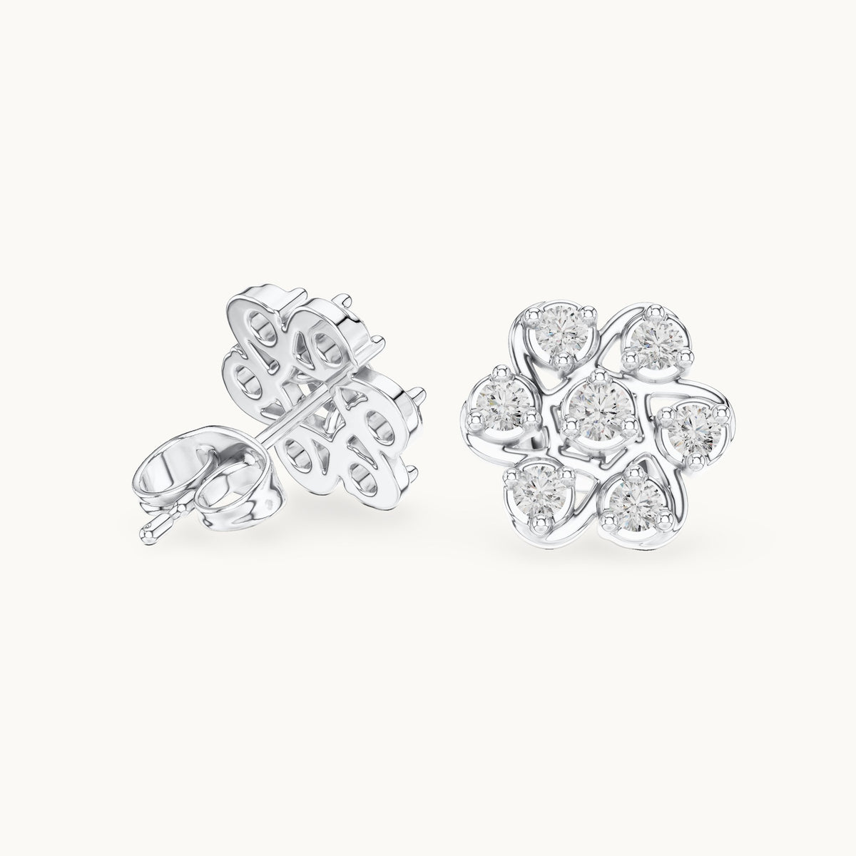 Round lab-grown diamond flower cluster stud earrings in white gold, 0.45 CT TW, view 1