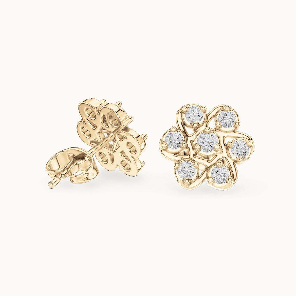 Round lab-grown diamond flower cluster stud earrings in yellow gold, 0.45 CT TW, view 1