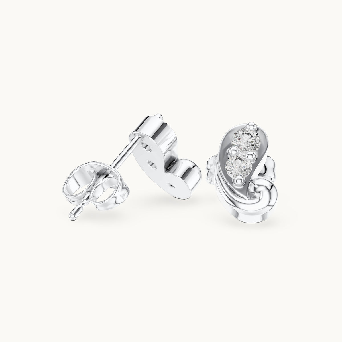 Round lab-grown diamond paisley two-stone stud earrings in white gold, 0.23 CT TW, view 1