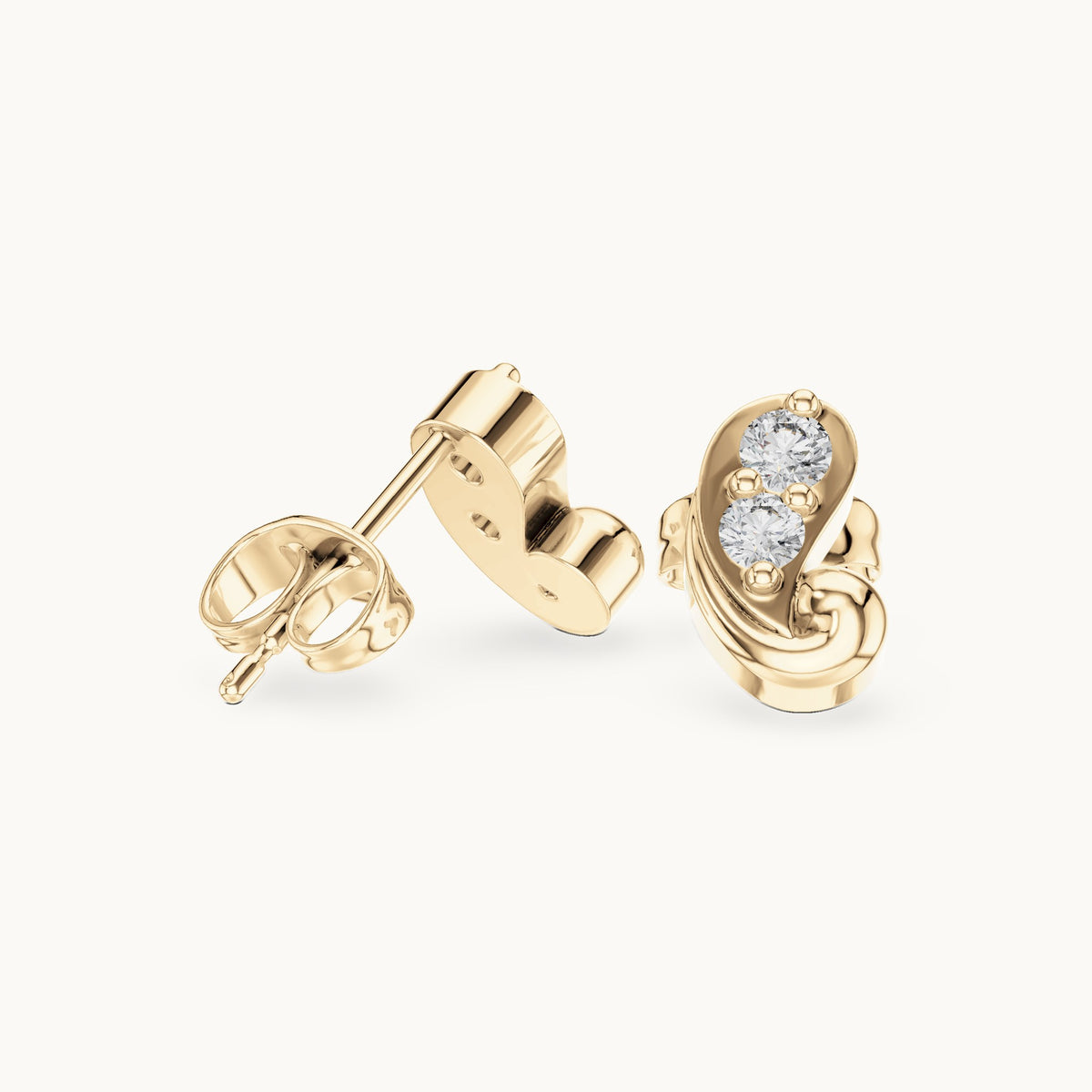 Round lab-grown diamond paisley two-stone stud earrings in yellow gold, 0.23 CT TW, view 1