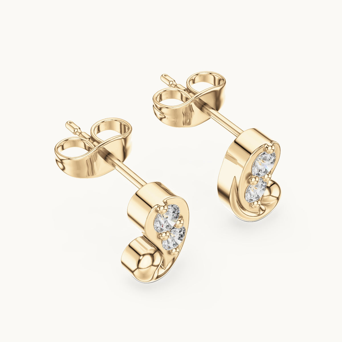 Round lab-grown diamond paisley two-stone stud earrings in yellow gold, 0.23 CT TW, view 2