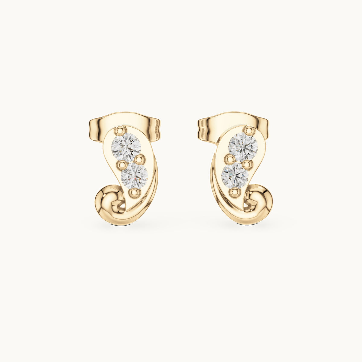 Round lab-grown diamond paisley two-stone stud earrings in yellow gold, 0.23 CT TW, view 4