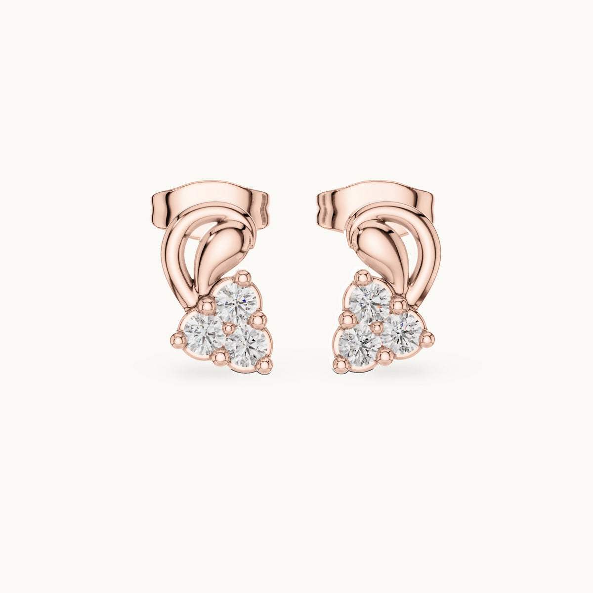 Round lab-grown diamond paisley trio cluster stud earrings in rose gold, 0.27 CT TW, view 4