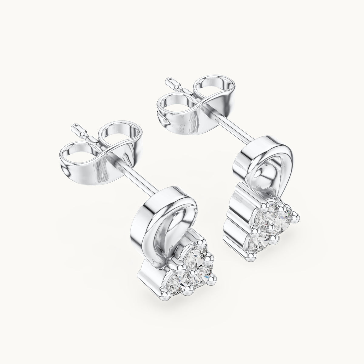 Round lab-grown diamond paisley trio cluster stud earrings in white gold, 0.27 CT TW, view 2