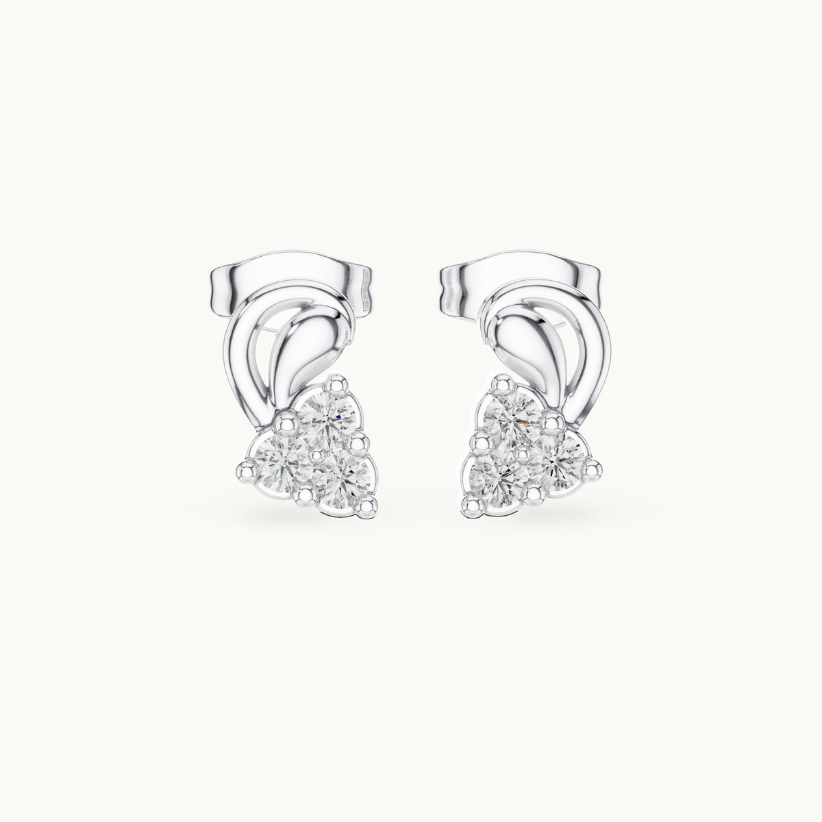 Round lab-grown diamond paisley trio cluster stud earrings in white gold, 0.27 CT TW, view 4