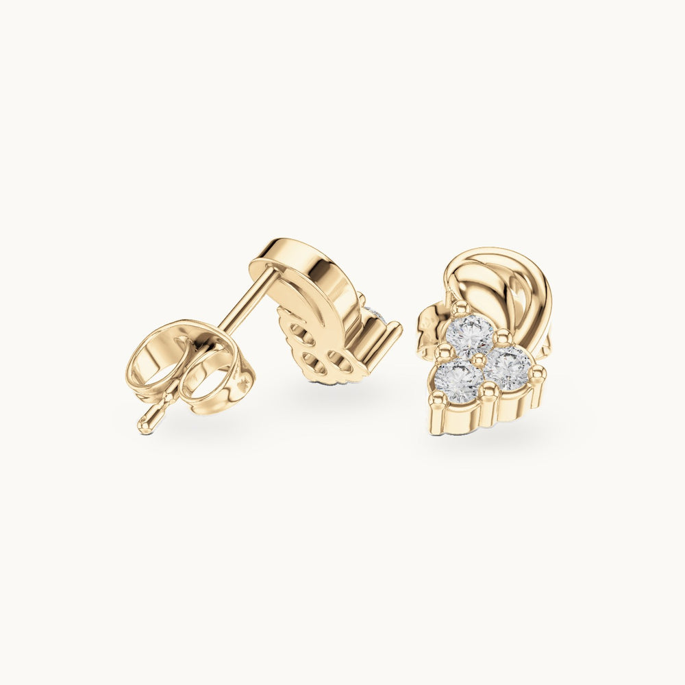 Round lab-grown diamond paisley trio cluster stud earrings in yellow gold, 0.27 CT TW, view 1