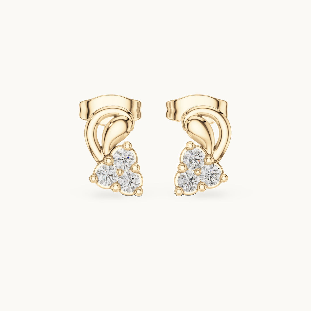 Round lab-grown diamond paisley trio cluster stud earrings in yellow gold, 0.27 CT TW, view 4