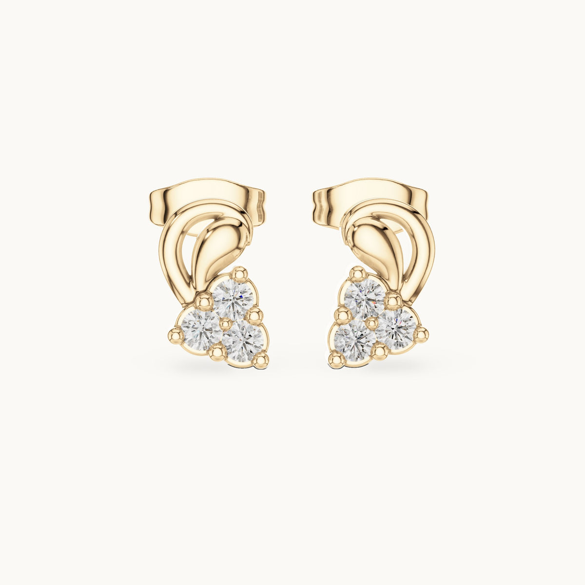 Round lab-grown diamond paisley trio cluster stud earrings in yellow gold, 0.27 CT TW, view 4
