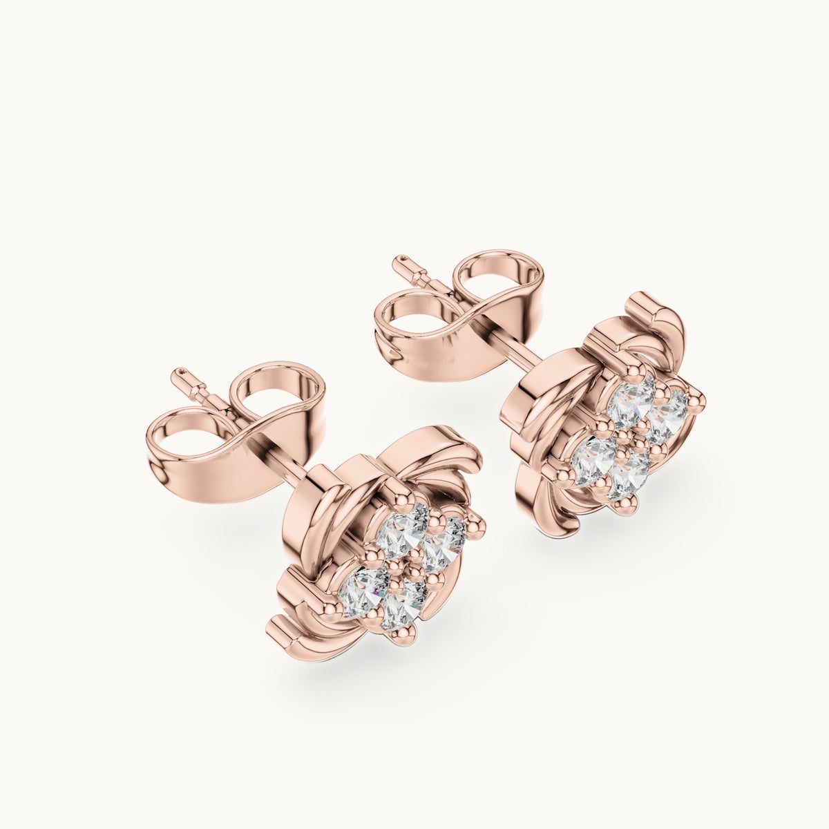 Round lab-grown diamond quatrefoil cluster stud earrings in rose gold, 0.36 CT TW, view 2