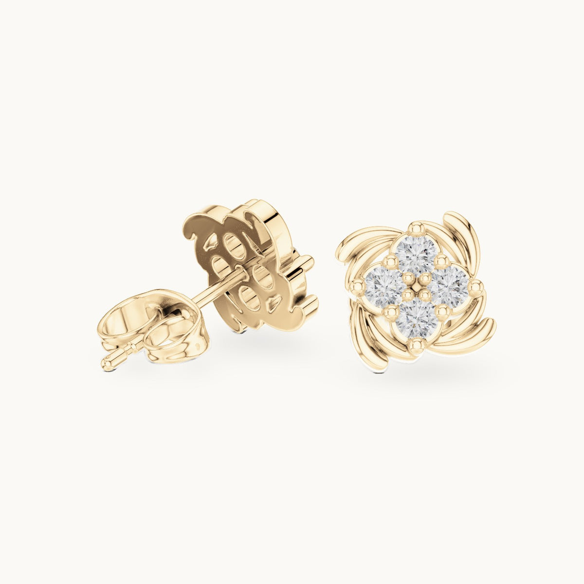 Round lab-grown diamond quatrefoil cluster stud earrings in yellow gold, 0.36 CT TW, view 1