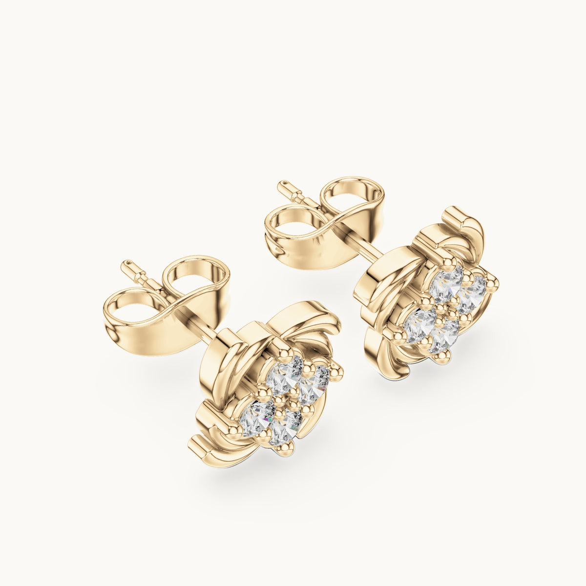 Round lab-grown diamond quatrefoil cluster stud earrings in yellow gold, 0.36 CT TW, view 2