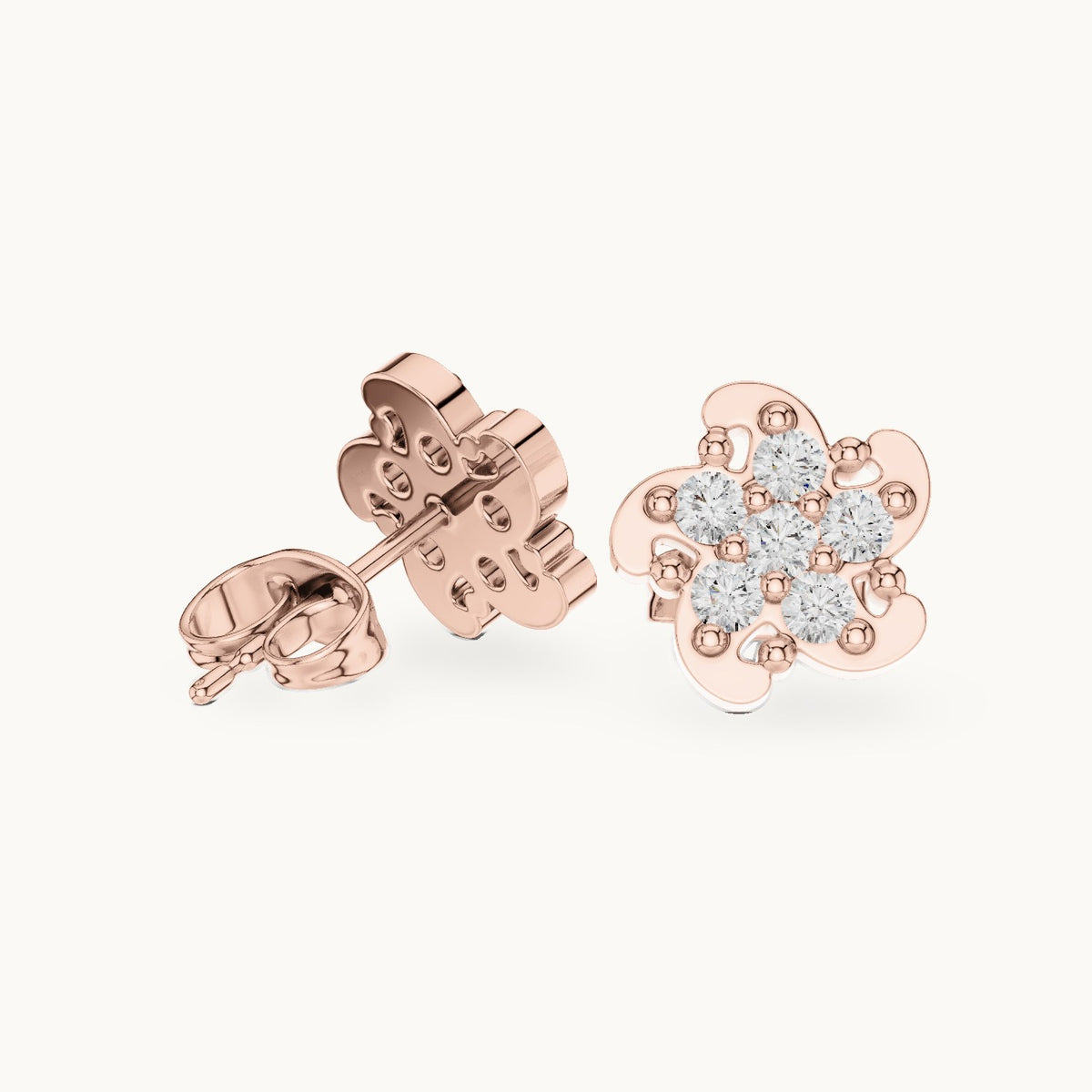 Round lab-grown diamond swirl flower cluster stud earrings in rose gold, 0.49 CT TW, view 1