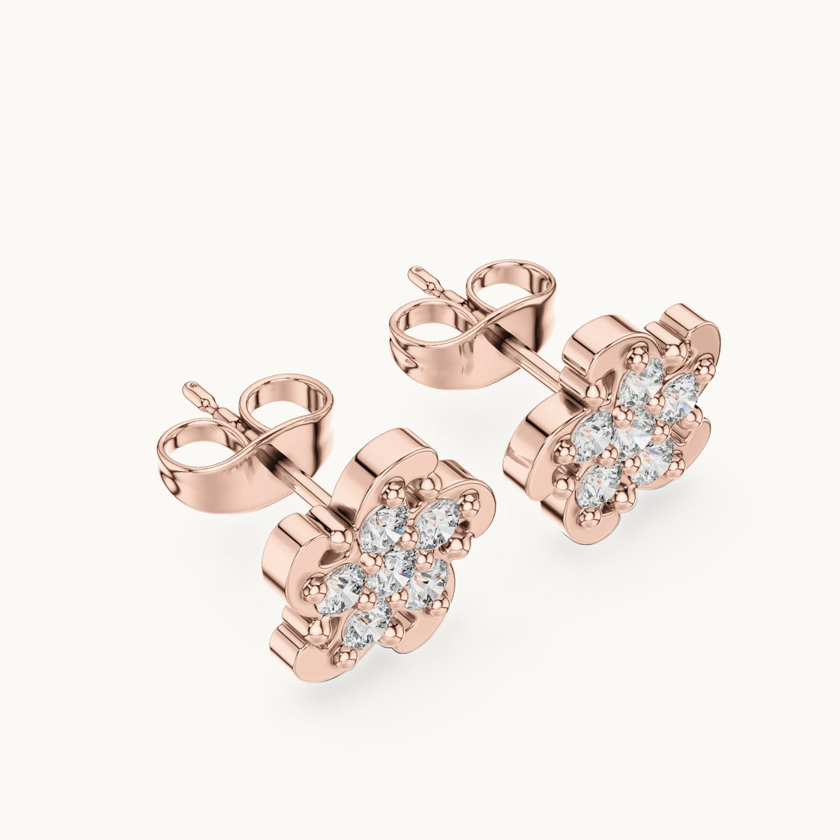 Round lab-grown diamond swirl flower cluster stud earrings in rose gold, 0.49 CT TW, view 2