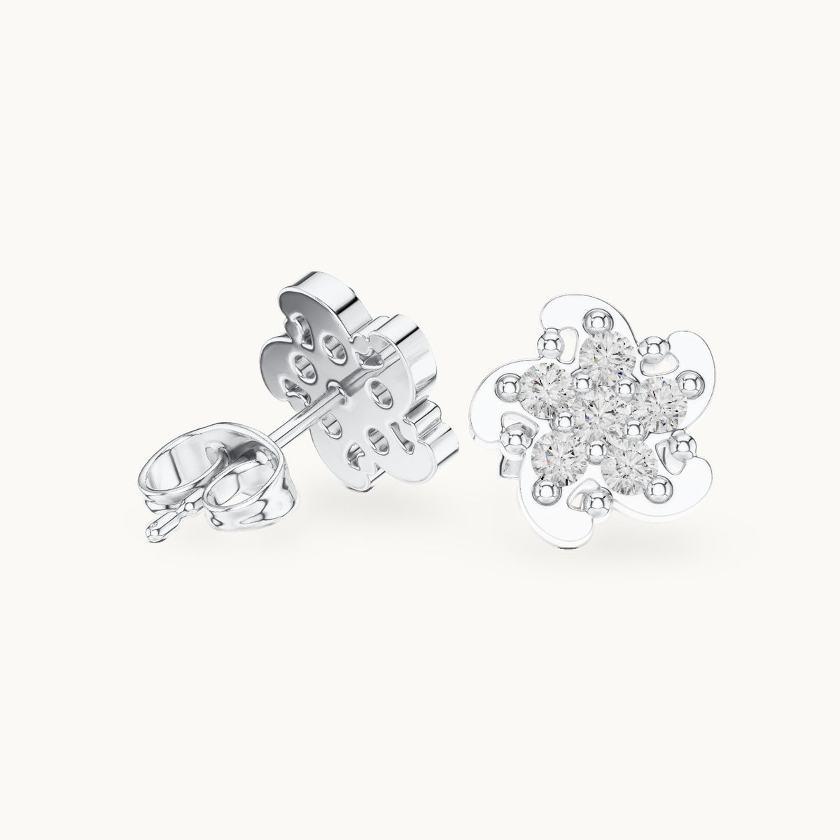 Round lab-grown diamond swirl flower cluster stud earrings in white gold, 0.49 CT TW, view 1