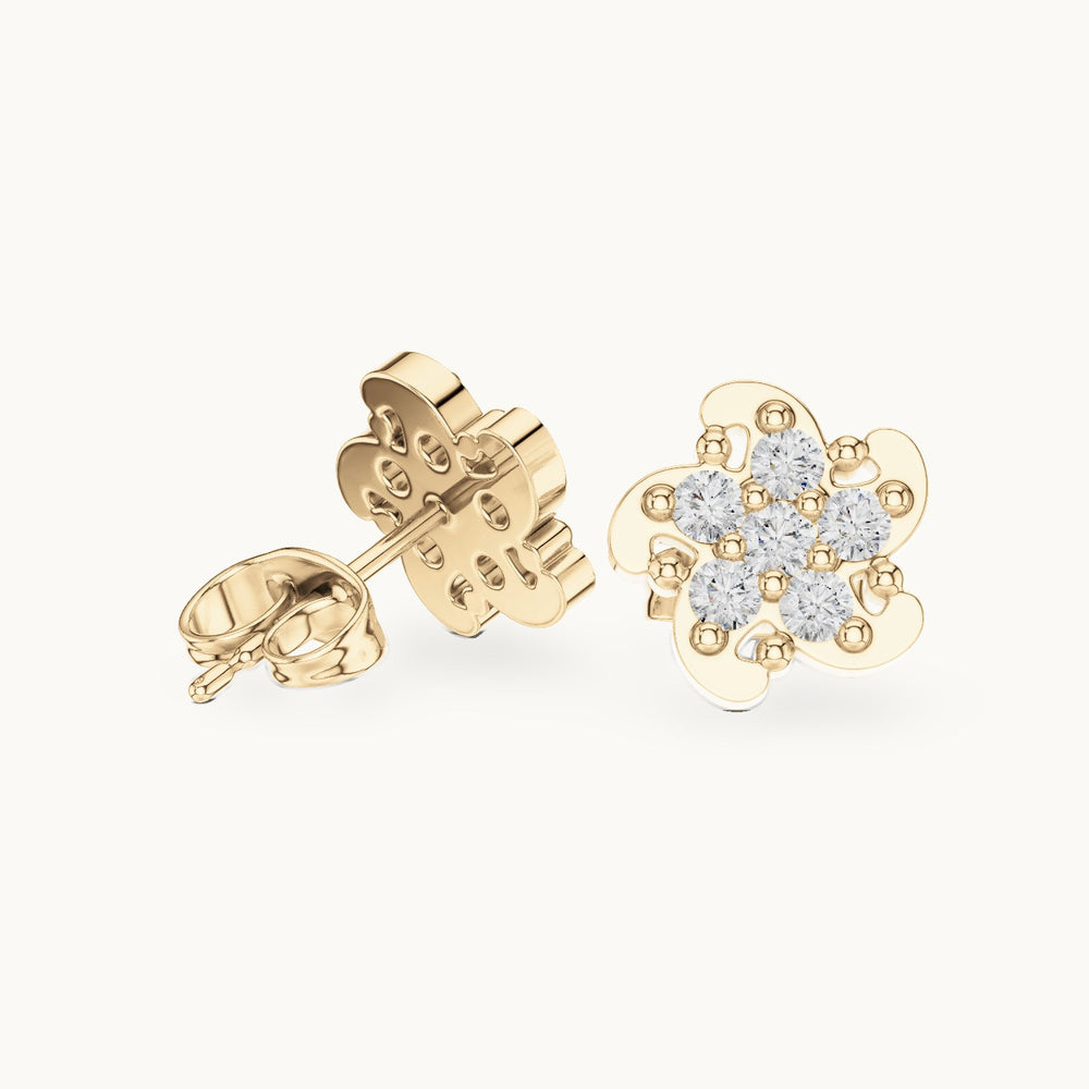 Round lab-grown diamond swirl flower cluster stud earrings in yellow gold, 0.49 CT TW, view 1