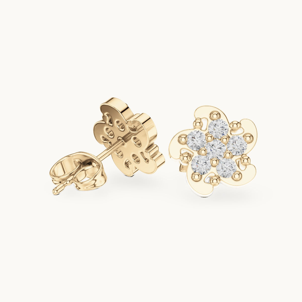 Round lab-grown diamond swirl flower cluster stud earrings in yellow gold, 0.49 CT TW, view 1
