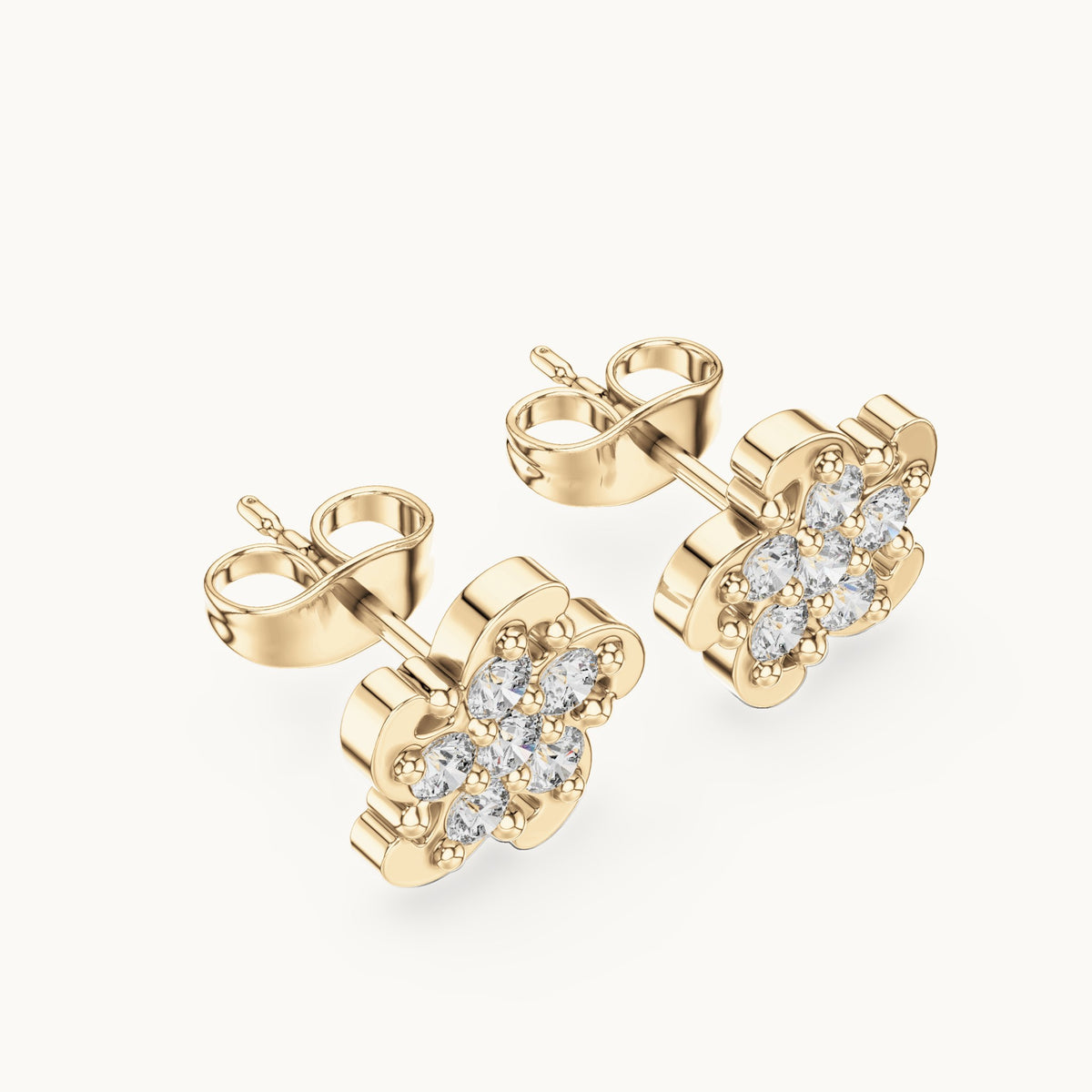 Round lab-grown diamond swirl flower cluster stud earrings in yellow gold, 0.49 CT TW, view 2