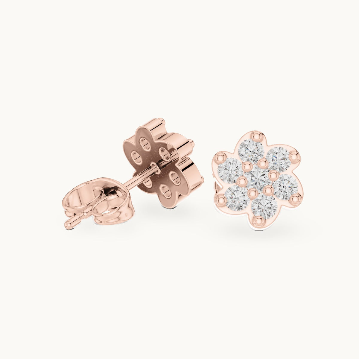 Round lab-grown diamond six-petal flower cluster stud earrings in rose gold, 0.58 CT TW, view 1