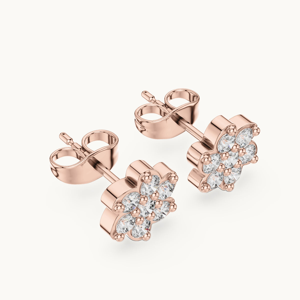 Round lab-grown diamond six-petal flower cluster stud earrings in rose gold, 0.58 CT TW, view 2