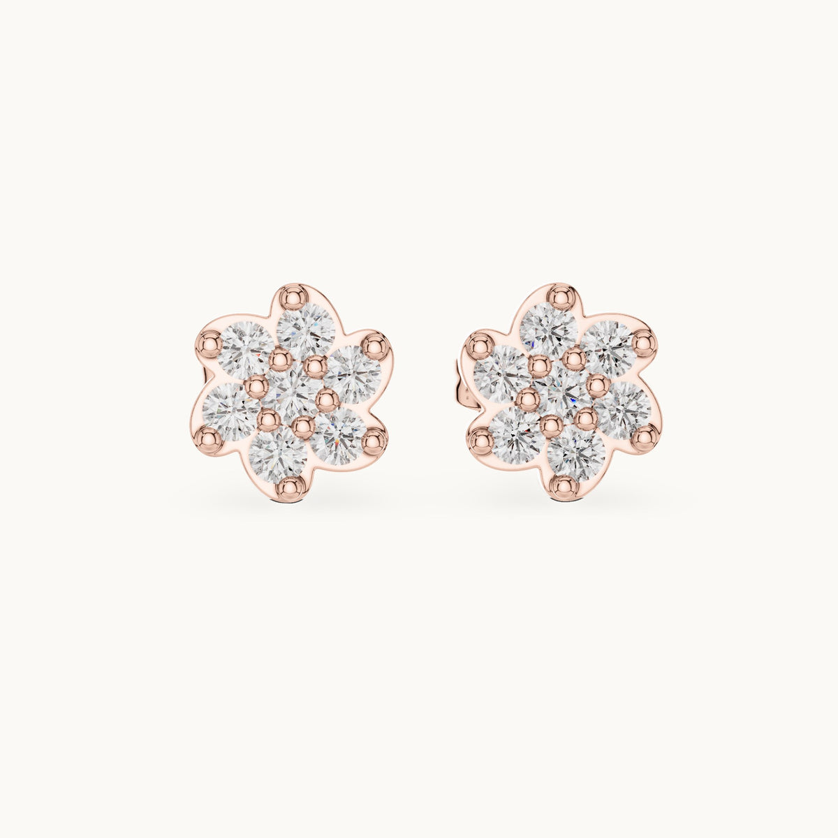 Round lab-grown diamond six-petal flower cluster stud earrings in rose gold, 0.58 CT TW, view 4