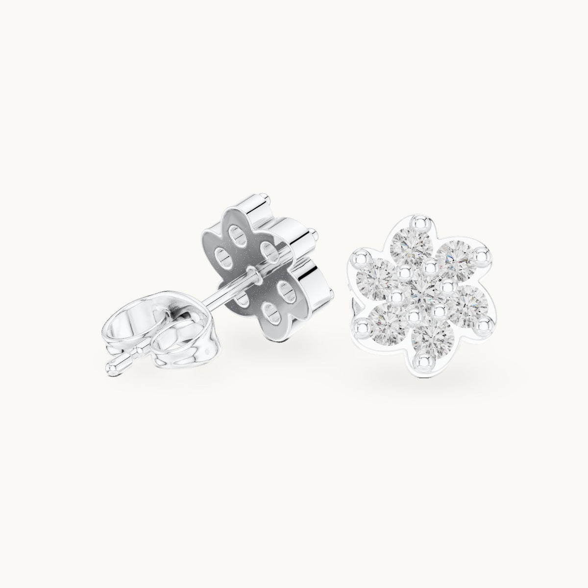 Round lab-grown diamond six-petal flower cluster stud earrings in white gold, 0.58 CT TW, view 1