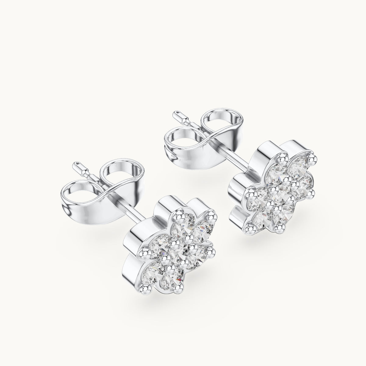 Round lab-grown diamond six-petal flower cluster stud earrings in white gold, 0.58 CT TW, view 2
