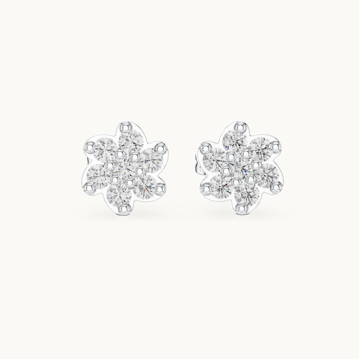Round lab-grown diamond six-petal flower cluster stud earrings in white gold, 0.58 CT TW, view 4