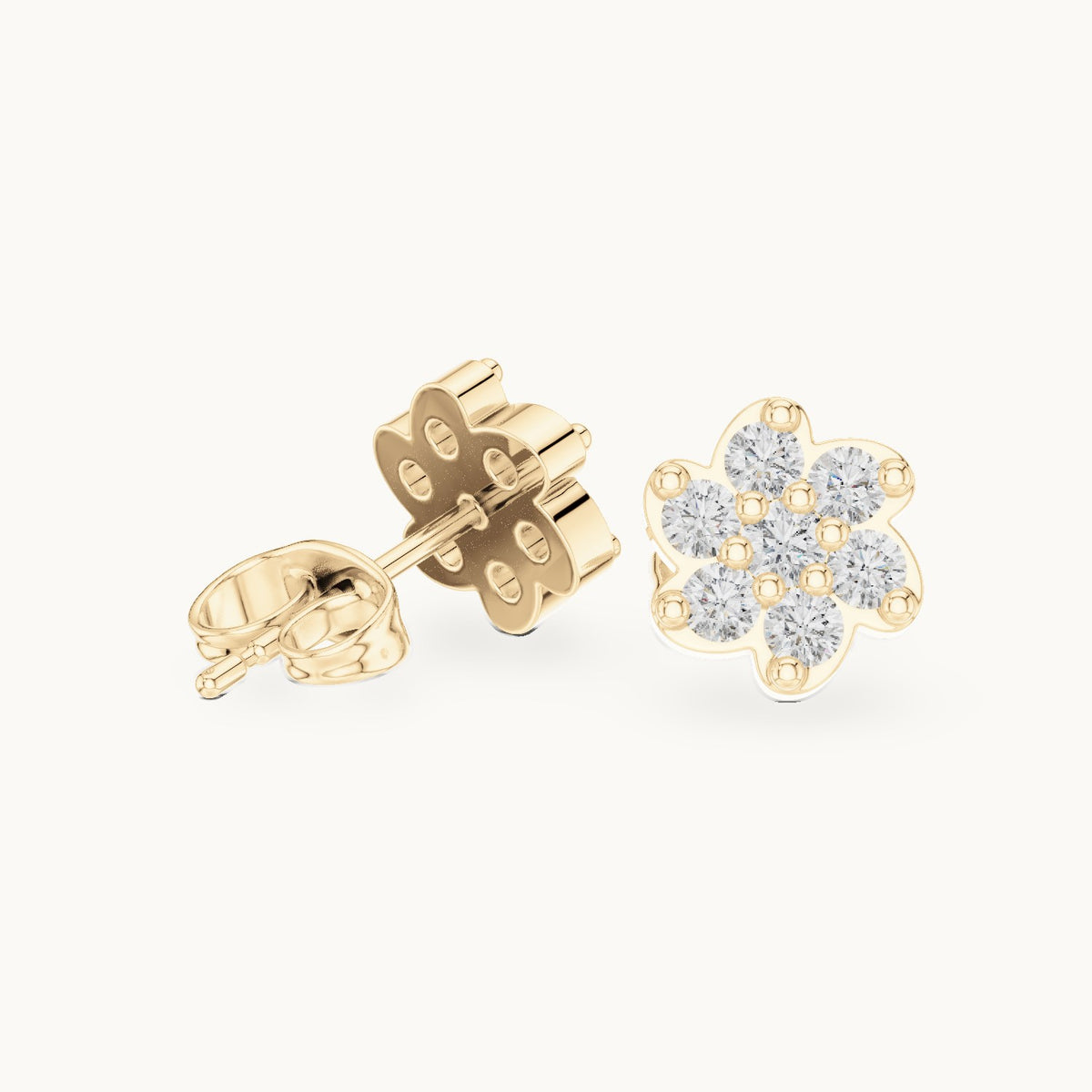 Round lab-grown diamond six-petal flower cluster stud earrings in yellow gold, 0.58 CT TW, view 1